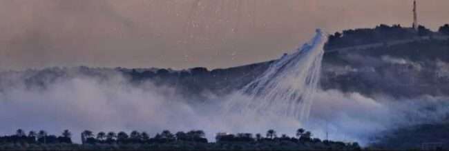 A shell from Israeli artillery explodes over a Lebanese border village on October 16, 2023. (Photo: Hussein Malla/Amnesty International)
