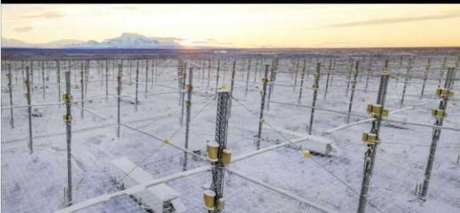 HAARP's ionospheric Research instrument is a phesewd-array of 180 high-frequency antennas spread across 33 acres. UAF/GI photo by JR Ancheta