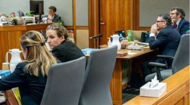 Photo by Patty Sullivan, AK Dept. of Law: Pictured Left to Right: Co-Counsel Krystyn Tendy with the Office of Special Prosecutions, Anchorage District Attorney Brittany Dunlop, and at the defense table defendant Anthony Michael Pisano with defense attorney Michael Branson. Defense attorney Kevin Fitzgerald not pictured.
