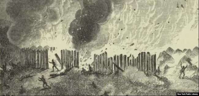 A 19th-century engraving depicting the burning of a Pequot Nation Fort, believed to be the Mystic massacre in 1637


