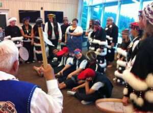 Photo: Alutiiq dancers singing the louse song, August, 2011.
