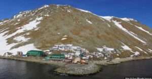 Drone photo of the city of Diomede, located on the west coast of Little Diomede Island in the Behring Strait, is the most remote community in the U.S.

