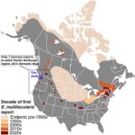 This map depicts expansion of E. multilocularis across the U.S. and Canada over multiple decades. Photo: PLOS Neglected Tropical Diseases/Hentati et al.