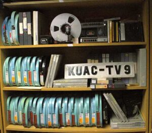 KUAC photo by Dandhi'on Hartman
A small sample of KUAC's archived material rests on shelves at the station.