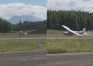 Double screengrab of of Cessna 207 (tail number 9423B) as it lands and conducts controlled crash at Lake Hood Seaplane Base in Anchorage. Images from Matt Tomter video.