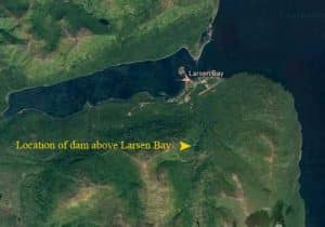 Location of hydro dam above Larsen Bay on Kodiak Island. Image-Google Maps