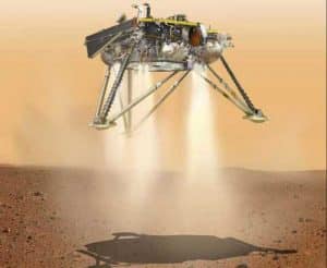 This is an illustration showing a simulated view of NASA's InSight lander about to land on the surface of Mars. This view shows the underside of the spacecraft. Credits: NASA/JPL-Caltech