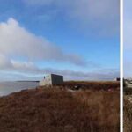 A diptych of photos of Newtok from the “Lessons from Newtok” project. To the left is a Newtok landscape; to the right, Daisy Carl peers over the village’s eroding shoreline. Photos by (l to r) Glennesha Carl and Fallyn Connelly.