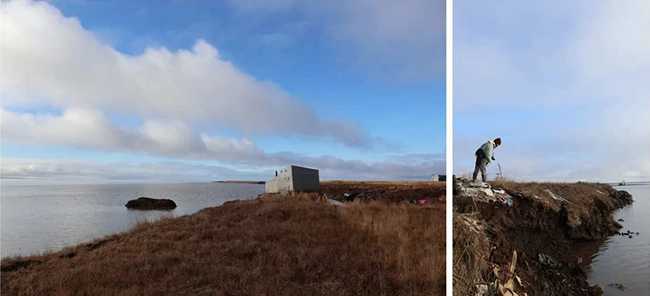 A diptych of photos of Newtok from the “Lessons from Newtok” project. To the left is a Newtok landscape; to the right, Daisy Carl peers over the village’s eroding shoreline. Photos by (l to r) Glennesha Carl and Fallyn Connelly.