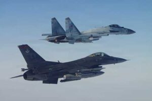 This photo provided by the U.S. Department of Defense shows a North American Aerospace Defense Command F-16 fighter aircraft intercepting a Russian Su-35 military aircraft near the Bering Strait, west of Alaska, on Thursday, Feb. 19, 2026. 