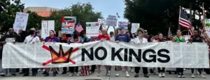 People rally in Houston for a June 14, 2025 “No Kings” protest against US President Donald Trump’s policies. (Photo by Brett Wilkins/Common Dreams)
