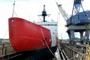 Coast Guard Cutter Polar Star sits on blocks in a Vallejo, Calif., dry dock facility undergoing depot-level maintenance. U.S. Coast Guard photo by Petty Officer 1st Class Matthew S. Masaschi.