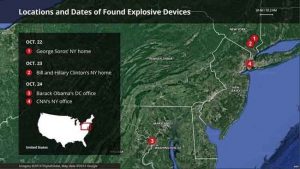 Map of locations that have received suspicious packages. Image-VOA