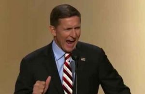 Trump's former Advisor, Michael Flynn making his "lock her up" speech at the 2016 RNC Convention. Image-Screengrab of video