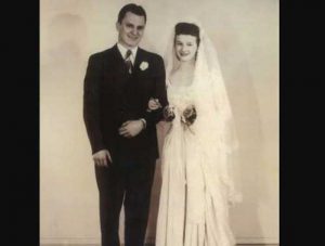 Former Governor Walter Hickel and his new wife Ermalee in a 1945 wedding photo. Image-governorwallyhickel.org