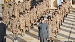 А YouTube screen grab from an Islamic State propaganda video shows child soldiers at an alleged IS training camp. Many of the children are reportedly taken from captured families and civilians living in IS-controlled areas.