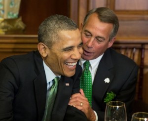 President Barack Obama and House Speaker John Boehner  enjoy a Saint Patrick's Day lunch at the U.S. Capitol in Washington, D.C. on 14 March 2014. Image-White House