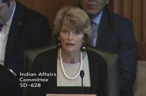 Senator Murkowski speaking to the Indian Affairs Committee on human trafficking in Alaska. Image-Office of Senator Murkowski