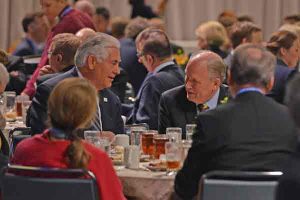 Secretary of State Tillerson talking to Alaskan Governor Bill Walker at the Arctic Ministerial Meeting in Fairbanks. Image-State of Alaska