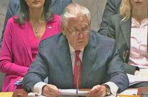 Secretary of State Rex Tillerson addressing the UN Security Council. Image White House