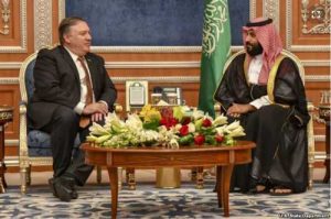 Secretary of State Michael R. Pompeo meets with Saudi Crown Prince Mohammed bin Salman, in Riyadh, Saudi Arabia, Oct. 16, 2018.