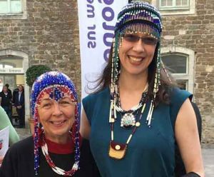 Margaret Roberts and April Laktonen Counceller at the opening of an Alaska Native art exhibit, Musée Boulogn-sur-Mer, France, 2016.  Photograph courtesy of the Alutiiq Museum.