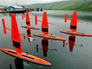 Saildrones waiting to begin their journey north. NOAA