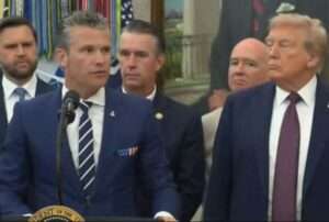 Pete Hegseth speaks about the relocation of U.S. Space Command during a White House press conference in Washington.