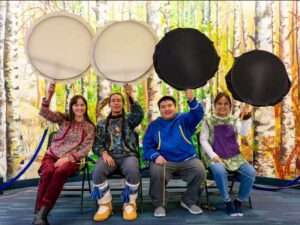 UAF Photo by Suzi Tanski
Members of the Iñu-Yupiaq Dance Group pose in the Wood Center after their workshop during the 2023 Indigenous Peoples Day, a community event hosted by the College of Indigenous Studies. From left are Alliyah Nay, Naatanii Mayo, Cavelila Wonhola and Sonni Shavings.