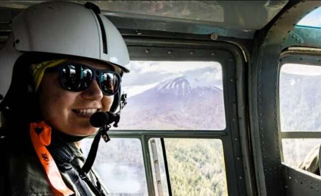 UAF photo by JR Ancheta
Geophysical Institute graduate student researcher Claire Puleio flies by Mount Edgecumbe. Puleio is one of the speakers in the Science for Alaska Summer Series.