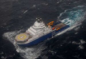 The tug Aiviq travels at just under 2 mph with the mobile drilling unit Kulluk in tow 116 miles southwest of Kodiak. Image-Petty Officer 3rd Class Chris Usher, United States Coast Guard