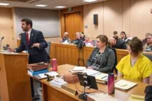 Left to Right: Patrick McKay Jr., Emily Cooper—defense attorney, 24-year-old defendant Denali Brehmer. Co-counsel for the State, Whitney-Marie Bostick, is partially visible, seated far left. Photo: Alaska Department of Law—Patty Sullivan.
