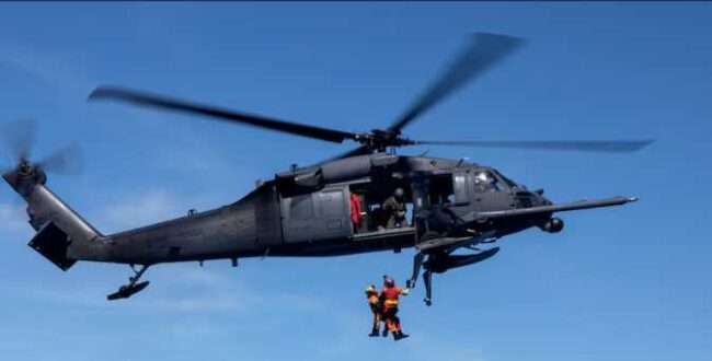 Guardian Angels of 212th Rescue Squadron hoisted from a 210th RQS HH-60 May 30 to rescue a hypothermic mariner 20 miles south of Kodiak. (Alaska National Guard photo by Alejandro Peña)
