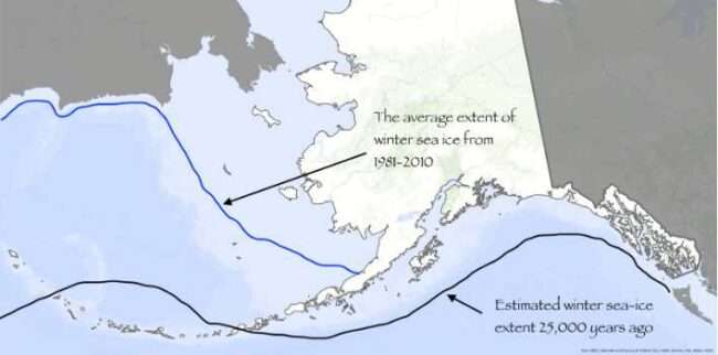 Illustration by UAF Geophysical Institute
The map shows the median ice extent in March for the period 1981-2010, based on data from the National Snow and Ice Data Center. The line farther south shows the estimated extent of winter sea ice during the last glacial maximum, about 25,000 years ago, based on the paper, “Ice and Ocean Constraints on Early Human Migrations into North America Along the Pacific Coast,” in the journal Environmental Sciences.