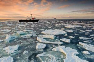 A ship among sea ice on the Eastern Bering Sea. Credit: NOAA Fisheries.
