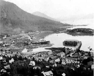 The mill can be seen situated in the middle of Wrangell.
