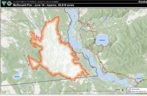 Map showing the McDonald Fire (#119) burning southeast of Fairbanks on June 18, 2024.