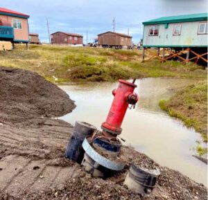 UAF photo by Benjamin Jones
Permafrost thaw has affected underground water pipes and, in some instances, has dislocated fire hydrants.