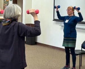 Photo by Julie Stricker
Leslie Shallcross, right, teaches a StrongPeople strength training class in 2024.