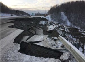 Photo courtesy of Alaska Department of Transportation and Public Facilities The Mirror Lake offramp on the Glenn Highway near Chugiak, Alaska, shows damage after the Nov. 30, 2018, earthquake.