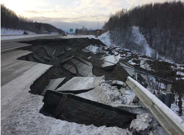 Damage to a road from Alaska earthquake