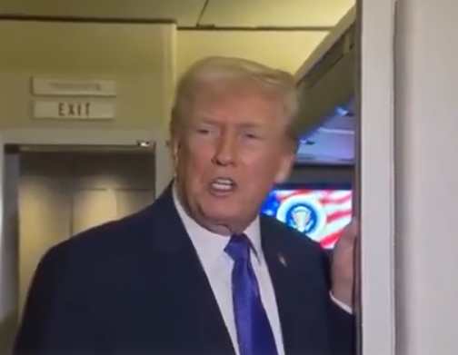 Trump talking to reporters on Air Force 1. Image-X video screengrab Trump Now ‘Boasting of a War Crime’ as Cuba Suffers Under Oil Blockade