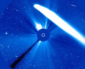 Image courtesy of the Solar & Heliospheric Observatory. Comet Tsuchinshan-ATLAS passes by the sun (blocked by center circle) on Oct. 10, 2024, in this image from the Solar & Heliospheric Observatory. The observatory launched in December 1995 as a joint mission of NASA and the European Space Agency.