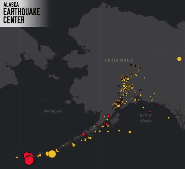 Figure 1: Alaska Earthquake Center’s online interactive earthquake map shows earthquakes from December 4–8, 2024, including the swarm southwest of Adak Island on December 8 (in red).