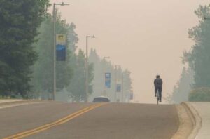 UAF photo by Eric Engman
Smoke from nearby wildfires creates a haze on the University of Alaska Fairbanks Troth Yeddha’ Campus in June 2022.