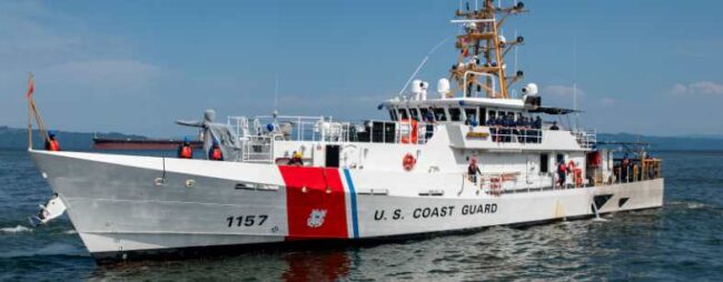 Coast Guard Cutter Florence Finch (WPC 1157) moves closer to the pier before mooring in its new homeport of Astoria, Ore., Aug. 17, 2024. The Florence Finch will primarily serve in the Pacific Ocean, Puget Sound, Strait of Juan de Fuca, and the Columbia River. (U.S. Coast Guard photo by Petty Officer Will Kirk)