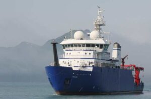 Photo by Sarah Spanos
The research vessel Sikuliaq sails in Alaska’s Resurrection Bay in July 2020. The ship's home port is Seward. The University of Alaska Fairbanks College of Fisheries and Ocean Sciences operates the Sikuliaq. The National Science Foundation owns the ship.