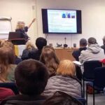 University of Maryland ecologist Jackie Grebmeier presents on shipboard research at a Strait Science lecture. Photo by Gay Sheffield/Alaska Sea Grant.