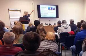 University of Maryland ecologist Jackie Grebmeier presents on shipboard research at a Strait Science lecture. Photo by Gay Sheffield/Alaska Sea Grant.