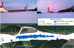 Image from research paper Citizen science photos (a, b) show a large open water zone on Dec. 20, 2020, on the Tanana River near Rosie Creek. The photos confirm the synthetic aperture radar classifications (c) from the same date. Red, blue and black arrows point to the same landmarks in all panels.